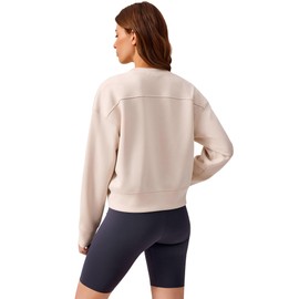 PINSPARK Crew Neck Sweatshirts Women Oversized Cropped Pullover Sweat Shirts Soft Long Sleeve Workout Crop Tops Travel Clothes 2024,Apricot Medium