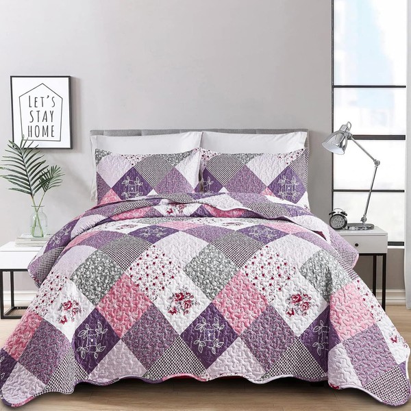 Dinjoy Purple Quilt Set King Size, Reversible Floral Plaid Patchwork