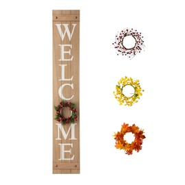 Glitzhome Wooden Welcome Sign for Front Door Rustic Farmhouse Wall Hanging Porch with 4 Changeable Floral Wreathes, 60"H, WELCOME