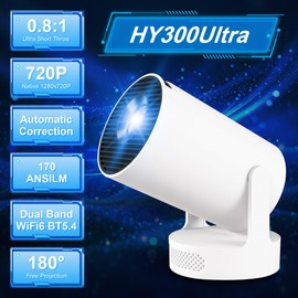 Mini Beamer Projektor 4K Tragbarer Videoprojektor WiFi 6 Android 11 Full HD unterstützt für Telefon/PC/Lap/Stick, HDMI Heimkino Externer Lautsprecher (HY300Ultra)