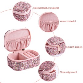 Biiange Mini Jewelry Case, Portable Jewelry Case Travel, Small Jewelry Organizer Box, Sequin PU Leather Storage Jewelry Box, Portable Zipper Case, for Rings Earrings Necklaces (1Pcs Pink)