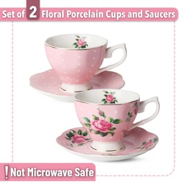 BTaT- Floral Tea Cups and Saucers Set of 2 (8 oz), Porcelain Tea Cup Sets, Pastel Pink Color with Gold Trim, Dishwasher Safe