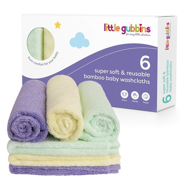 Little Gubbins 6 Bamboo Wash Cloths | Set of Premium Super Soft Absorbent Baby Towels 25 x 25cm | 100% Natural Bamboo | Perfect for Sensitive Skin