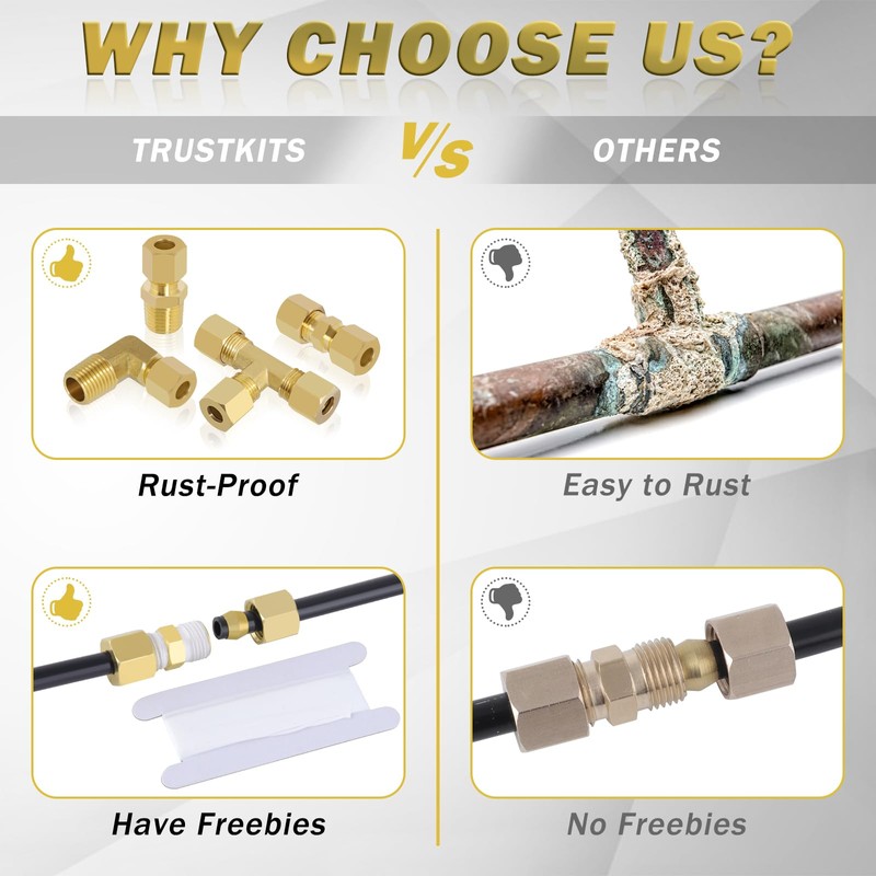 TRUSTKITS 1/4"OD x 1/4"OD Brass Compression Tube Fittings, 1/4" Compression