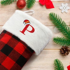 Senneny Christmas Stockings with Initials, 20 Inch Large Red Black Buffalo Plaid Monogram Xmas Stockings with White Plush Faux Fur Cuff, Christmas Decorations for Family Holiday Party, Letter B