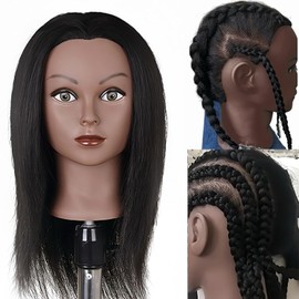 Cabeza De Maniquí Negra Con Cabello Para Trenzar, Cabeza De Maniquí De Cosmetología Con Cabello 100% Natural De 45 Cm(18") Preestirado, Ideal Para Entrenamiento En Trenzado. Incluye Soporte