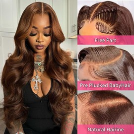 Gureimi 32 Inch Chocolate Brown Lace Front Wig 13x6 Lace Front Wigs Human Hair Body Wave Brown Wig Human Hair HD Lace Front Wigs 200 Density Pre Plucked Colored Lace Frontal Wigs for Women