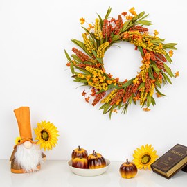 VioletEverGarden Fall Wreath for Front Door 20 Inch Autumn Wreaths Artificial Thanksgiving Wreath with Orange Yellow Sorghum Ear and Wildflower for Indoor Outdoor Harvest Festival Holiday Decorations