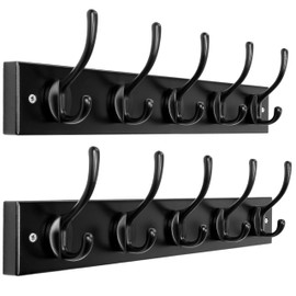 Dseap Wall Mounted Coat Rack: 16" Hole to Hole, Coat Hook Hanger with 5 Metal Hooks for Hanging Coats Towels Hats Clothes, Black, 2 Packs