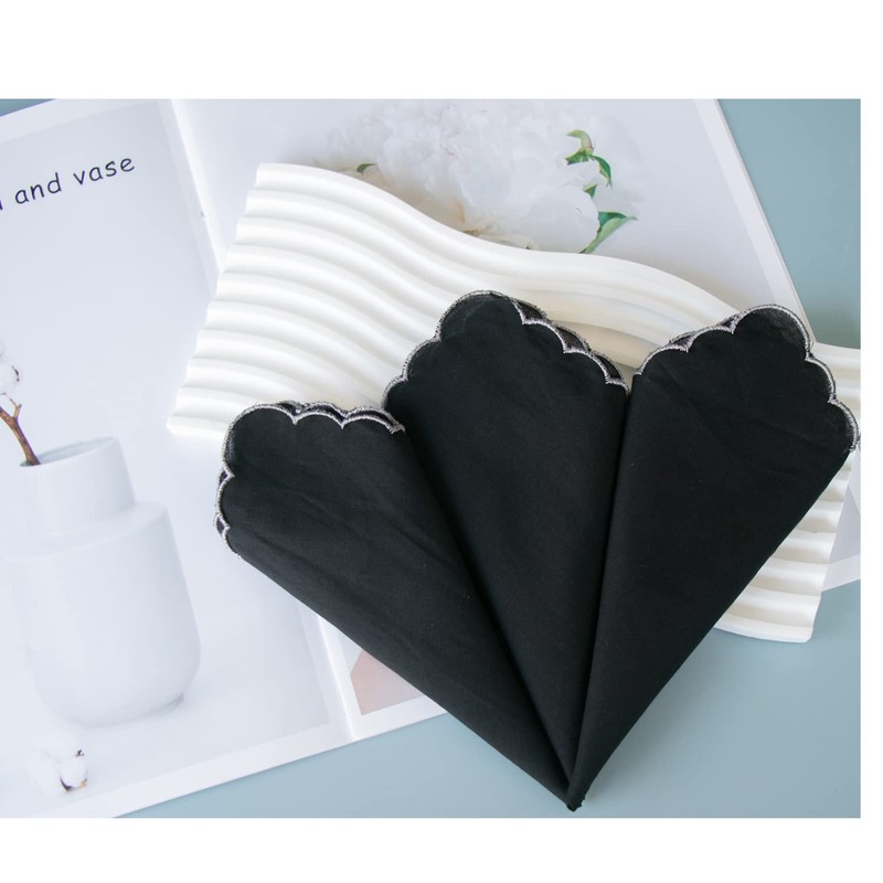 MZLIU Women Black Handkerchiefs Cotton Hankies with Embroidered Scalloped Edge