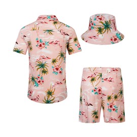 EISHOPEER Men's Hawaiian Shirt and Short 2 Piece Palm Tree Outfits Sets with Bucket Hats Pink Flamingo 3X-Large