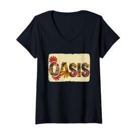 Womens Colorful Oasis Statement with Flowers V-Neck T-Shirt