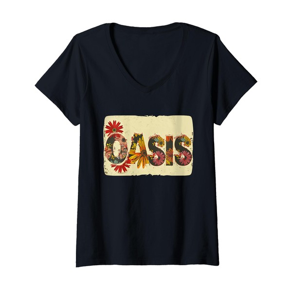 Womens Colorful Oasis Statement with Flowers V-Neck T-Shirt
