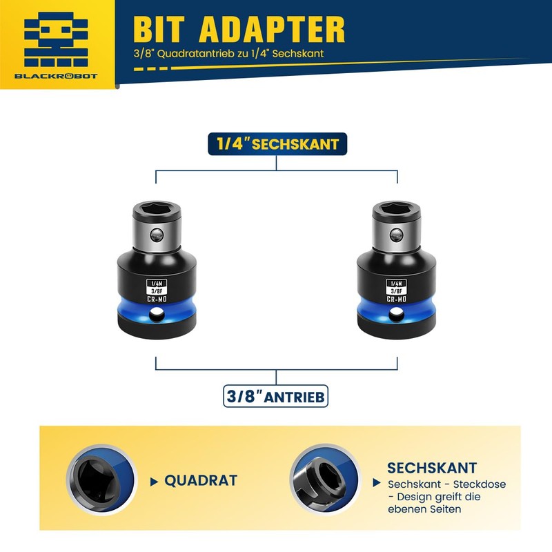 3/8" Square Drive to 1/4" Bit Hex Socket Adapter, Impact