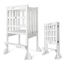 Kitchen Step Stool Helper - WOOD CITY Montessori Foldable Toddler Standing Tower for Toddlers with Safety Rail Height Adjustable Ideal Helper for Learning New Skills Natural Pine Wood (White)