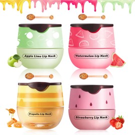 4 PCS Bálsamo labial de abeja en bote de miel, máscara labial para dormir de miel, fresa, sandía y manzana con palitos, exfoliantes para prevenir la sequedad y la formación de grietas en los