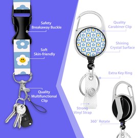 Lanyards for Id Badges,70s Smile Daisy Id Badge Holder Heavy Duty and Retractable Keychain,Retro Groovy Checkered Badge Reel with Carabiner Clip,Women Student Doctor Office Gifts