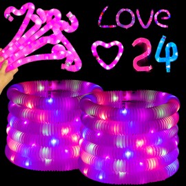 Pink 24 Pack Light Up Glow Necklaces Bracelets Party Favors Accessories for Toddlers,Glow Sticks Pop Tubes for kids,Glow Birthday Camping Wedding Party Supplies Decorations for Boys Girls
