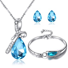 TREE NEST Juego de Joyería para Mujer,Collar Pulsera y Aretes de Cristal Baño Plata,Brillante y Elegante Diseño Set de Joyas,Moda Mujer Collar Colgante Pulsera Aretes de Cristal 4 Piezas,Conjuntos de Joyería de Cristal para Mujeres 40004B