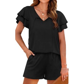 Lounge Sets for Women 2 Piece Short Sleeve V-Neck Outfits Plain Shorts Sets Black M