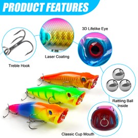 Topwater Fishing Lures Kit 8pcs Surf Fishing Popper Lures Hard Baits Topwater Bass Fishing Lures Floating Lures Pencil Popper Swimbaits for Bass Trout Walleye Freshwater Saltwater