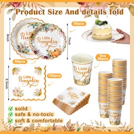Domensi 250 Pcs Fall Little Pumpkin Baby Shower Party Decoration Little Pumpkin Baby Shower Disposable Paper Plates and Napkins Cups Autumn Paper Dinnerware for Birthday Thanksgiving Fall Party Decor