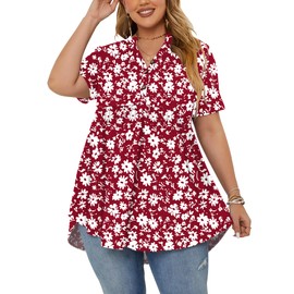 PLOKNRD Women's Plus Size Tops Boho Tops Floral Short Sleeve Loose Fit Tunic Tops for Ladies Trendy Red Cosmos Flower-1X
