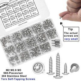 FandWay 560 Pcs Torx Self Tapping Screws 304 Stainless Steel,M2 M2.6 M3 Small Wood Screws Kit,Washer Head Torx Security Anti-Theft Screw,Truss Head Self Drilling Sheet Metal Screw Star Drive.