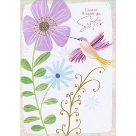 Designer Greetings Easter Blessings: Hummingbird Hovering Near Large Purple Flower Religious Easter Card for Sister