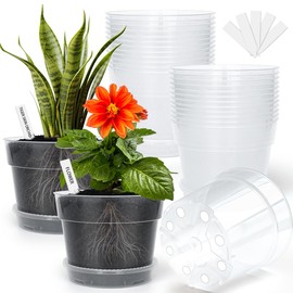 BTPLASTIK Clear Plastic Nursery Pots for Plants, 6 Inch Transparent Plant Pot with Drainage Holes, Flower Pots with Saucers, Seed Starter Pots with 15 Pcs Plant Labels, Gardening Gifts