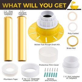 ETERMETA Freestanding Tub Drain Rough-in Kit with Brass Tail Pipe & PVC Plastic Adapter, Compatible with All Freestanding/Floor Mounted/Copper Bathtubs, Fits 1-1/2" Male/Female Threaded Drains