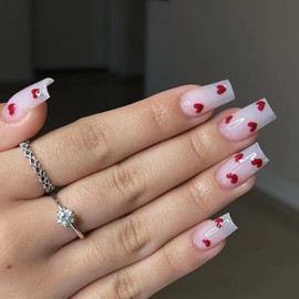 Valentines Press on Nails Medium Square Fake Nails White Full Cover Red Heart False Nails with Designs Glossy Glue on Nails Cute Acrylic Nails Manicure Artificial Nails for Women Girls 24Pcs