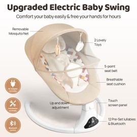 Baby Swing for Infants, Bluetooth Baby Swing with Remote Control, Portable Infant Swings with 5 Speed Motions, 12 Soothing Lullabies, Designed for Newborns (Max 20 lbs Beige)