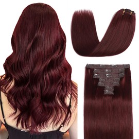 Sisily Clip in Hair Extensions Real Human Hair, 16 inch 120g, Burgundy Red, 100% Brazilian Remy Human Hair Clip in Extensions Soft Straight 7pcs Per Set with 16 Clips Double Weft