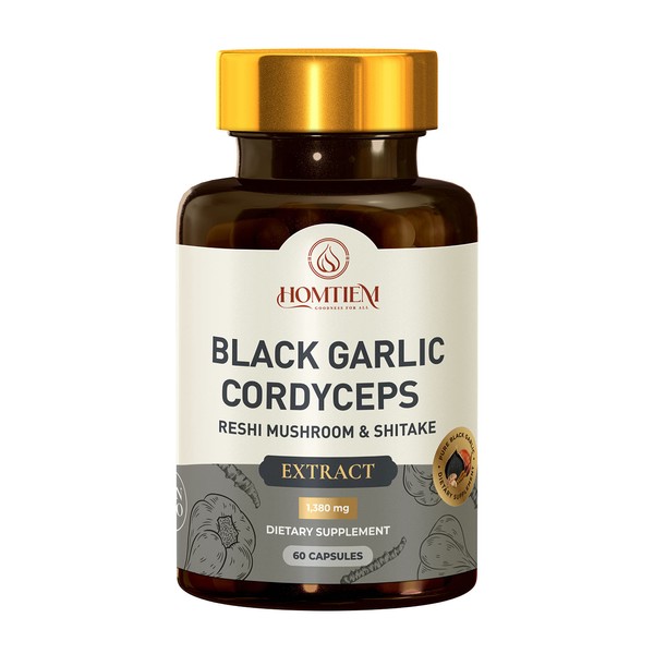 HOMTIEM 4-in-1 Black Garlic Extract with Cordyceps,Yamabushitake, and Reishi Mushroom 1380mg 60 Capsule, Fourple Benefits to Boost Your Immune System, Powerful Antioxidant