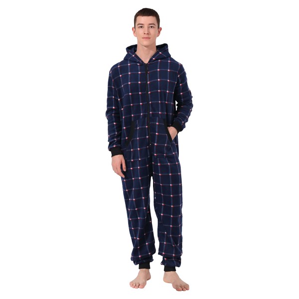 dressfan Pijama unisex a cuadros con capucha mono térmico con cremallera sin pies para mujeres y hombres, Azul Negro Check, L