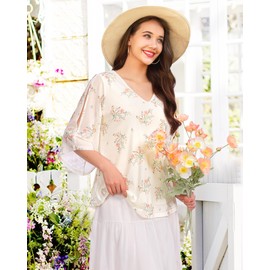 Vafoly Blouse Women's Elegant Short Sleeve Summer Tunic V-Neck Mesh Top Flowers Double Layer Tunic, Orange flower, L