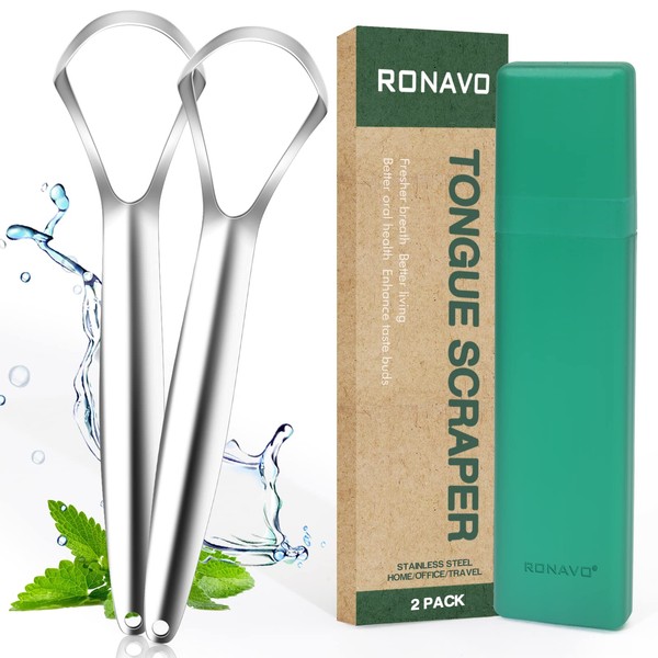 RONAVO Tongue Scraper, 2 Pack Tongue Cleaner for Oral Hygiene and Fresh Breath, 100% Stainless Steel Tongue Scrapers for Adults, Dentist Approved, Easy to Use and Clean