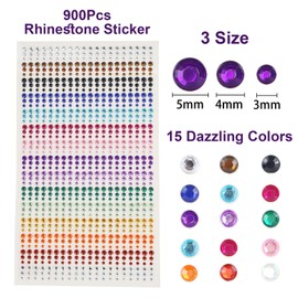 900 Stück Strass-Aufkleber mit Pinzette, 3 mm, 4 mm, 5 mm, bunte, selbstklebende Strasssteine, runde Kristall-Edelsteine, Blatt für DIY-Handwerk, Dekoration, Strasssteine für Make-up, Strasssteine,