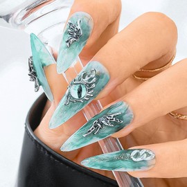 Sethexy Long Stiletto Handmade False Nails Green Shiny False Nails Acrylic Eye False Nails Metallic Salon Glued Nails 10 Pieces (2)