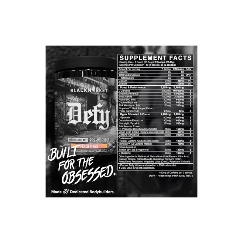BLACKMARKET DEFY – High-Stimulant Pre-Workout Powder | 450mg Caffeine, Eria