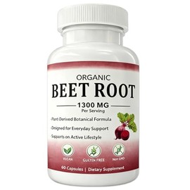 Raíz de remolacha orgánica, 1300 mg, vegana, sin OMG y sin gluten, 60 unidades (1 unidad)