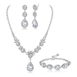 Jstyle Rhinestone Bridal Jewelry Set Necklace Bracelet Clip On Earrings for Brides Bridesmaid Cluster Crystal Teardrop Pendants Jewelry Set for Wedding Prom（S