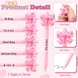 Qeeenar 50 Set Baby Shower Party Gift Pen Favors for Guests Include 50 Bow Ballpoint Pens 50 Baby Shower Thank You Cards with Opp Bags for Gender Reveal Party Prizes Souvenirs(Girl)