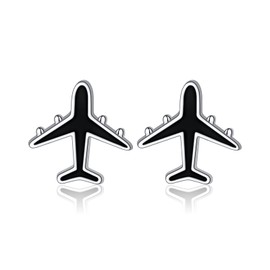 925 Sterling Silver Airplane Earrings for Women Men Black Airplane Stud Earrings Birthday Choice for Stewardess Flight Attendants Pilots Travelers