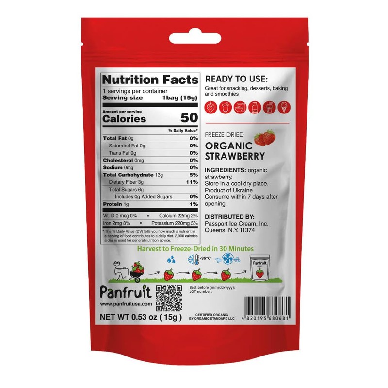 Panfruit Organic Freeze-Dried Strawberries – Whole Fruit Snack, 4 Single