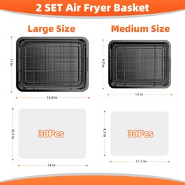 Air Fryer Basket, 2 Set Oven Air Fryer Basket and Tray with 60 PCS Parchment Papers, DEGOVIN Crisper Tray Non-stick Stainless Steel Air Fry Pans for Convection Oven(15.8" × 11" & 13" × 9.7"-Black)