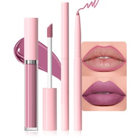 evpct Retractable 1Pcs Lip Liner Pencils and 1 Pcs Lip Gloss Makeup Set for Shaping & Sculpting Lips, Pink Long-Lasting Waterproof Matte Rich Lip Colors Liner Crayon Liquid Lipstick 09#