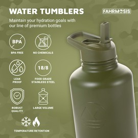 FAHRMOSIS 64 Oz Insulated Water Bottle with Strap Stainless Steel Sports Water Bottle with 3 Lids (Straw, Chug and Flip Lid) Leak Proof Metal Half Gallon Jug for Men & Women - Army Green