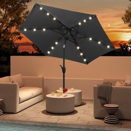 Tangkula 7.5 ft Solar LED Patio Umbrella, Outdoor Heavy Duty Market Table Umbrella with 18 LED Lights, Push Button Tilt, Crank Handle, Vented Canopy for Deck Pool Garden (Gray)